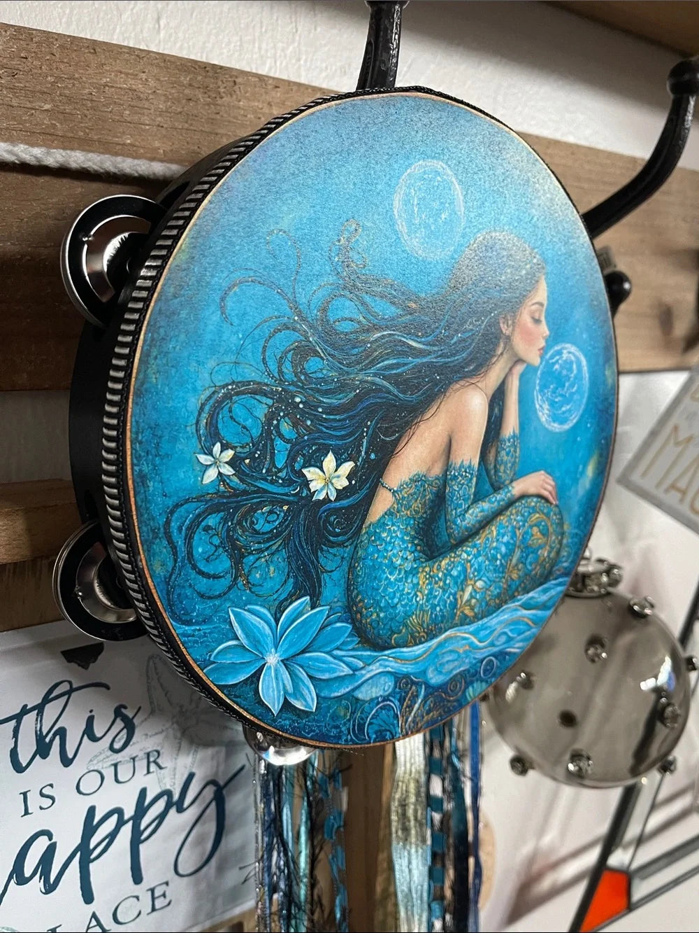 Mermaid "Raven" Tambourine with Black Sides 8"