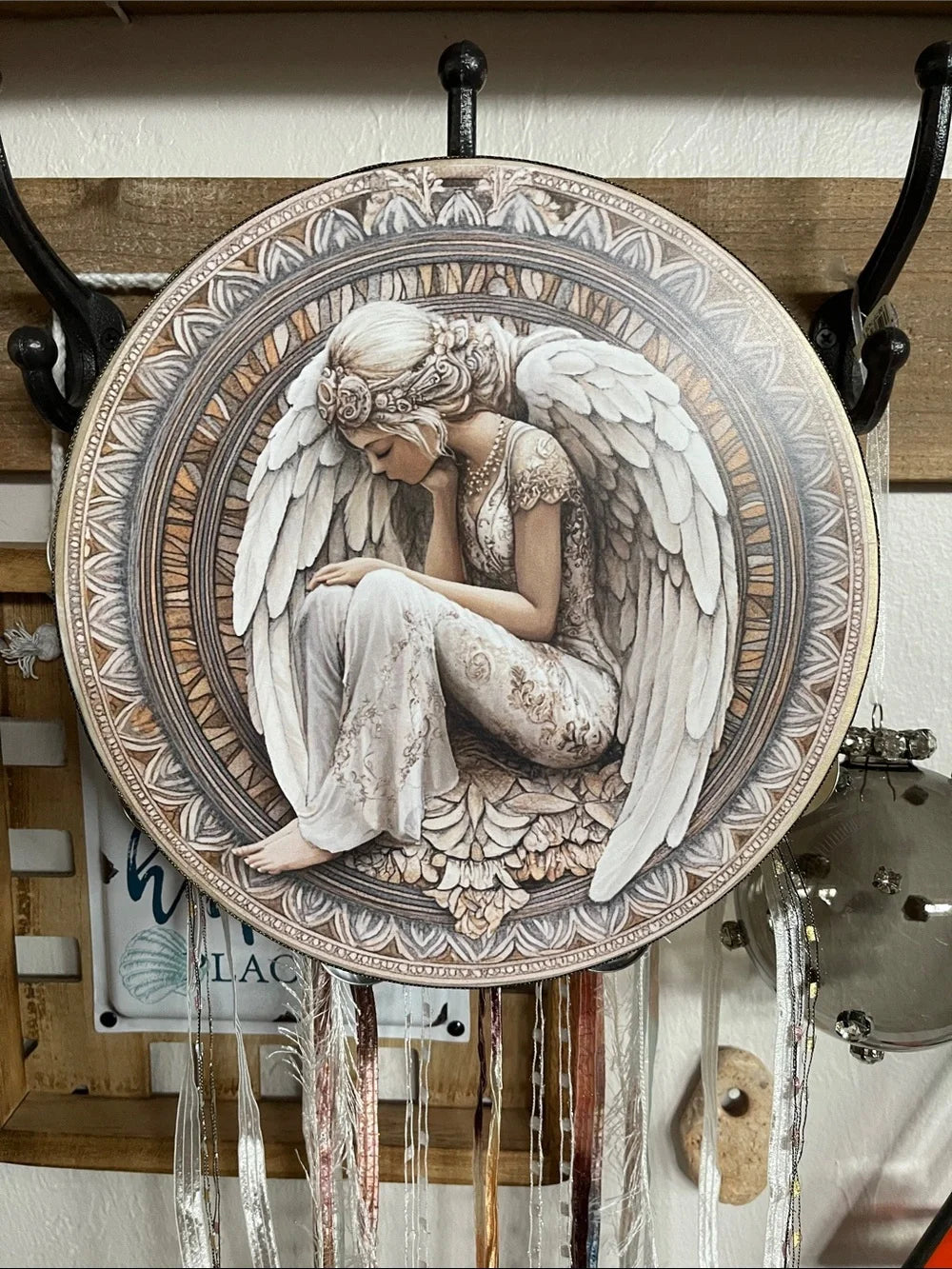 Spring Angel Tambourine and Ribbon Wall Accent 10"