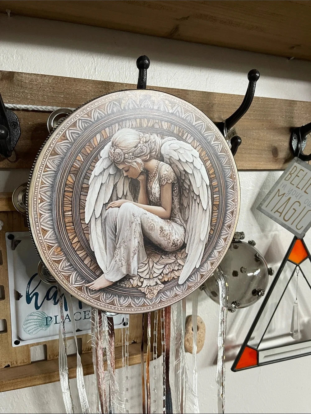 Spring Angel Tambourine and Ribbon Wall Accent 10"