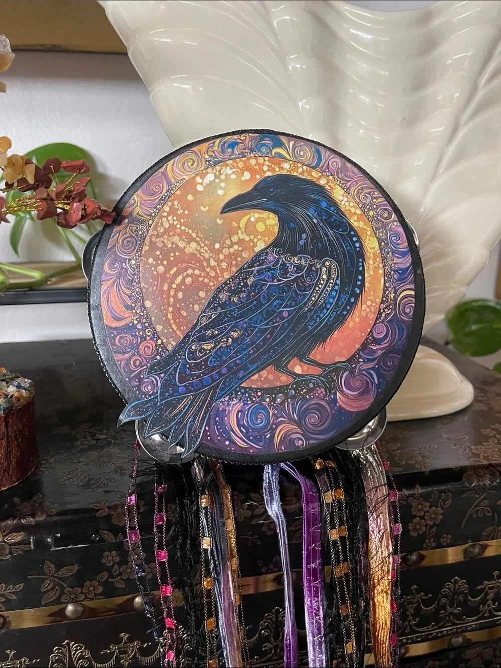 Mystical Raven Tambourine with Black Sides 6"