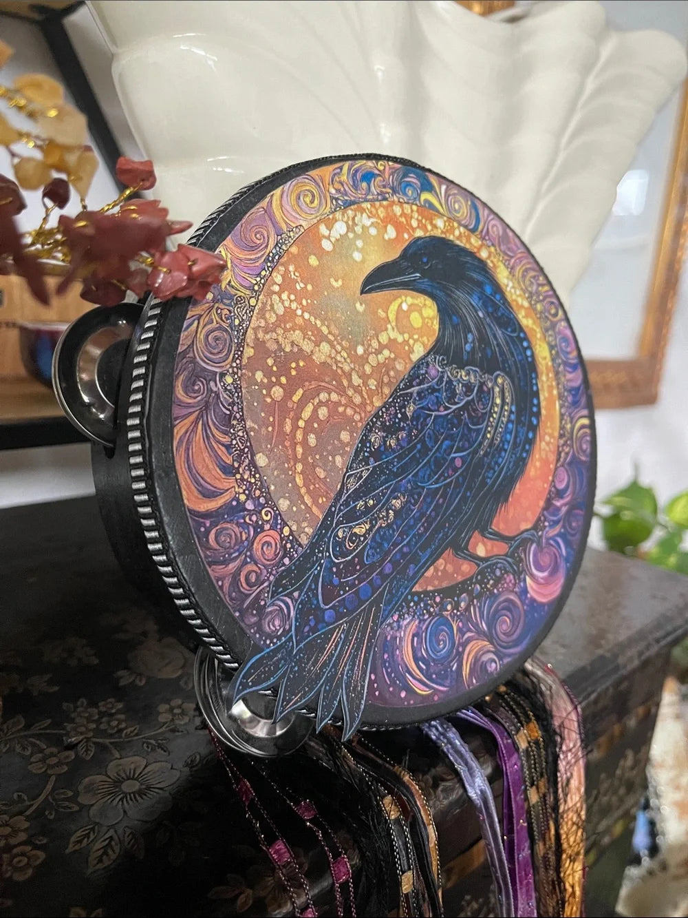 Mystical Raven Tambourine with Black Sides 6"