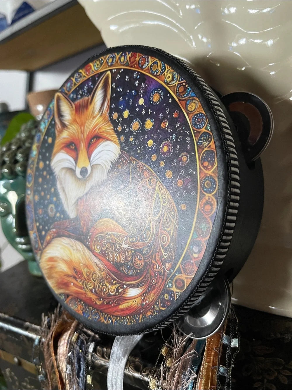 Mystical Fox Tambourine and Ribbon Wall Accent 6"