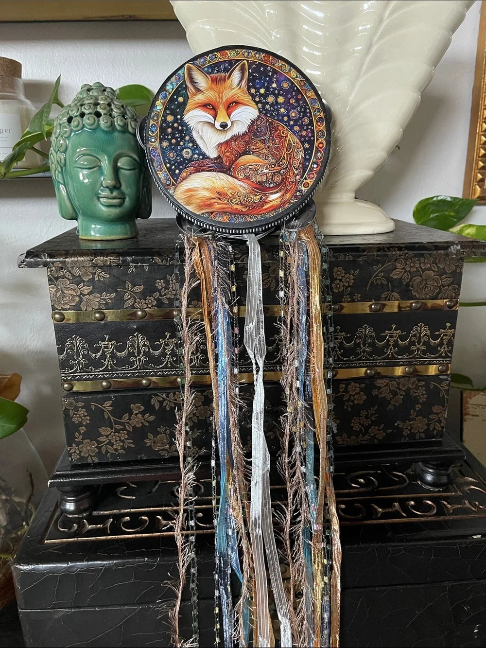 Mystical Fox Tambourine and Ribbon Wall Accent 6"