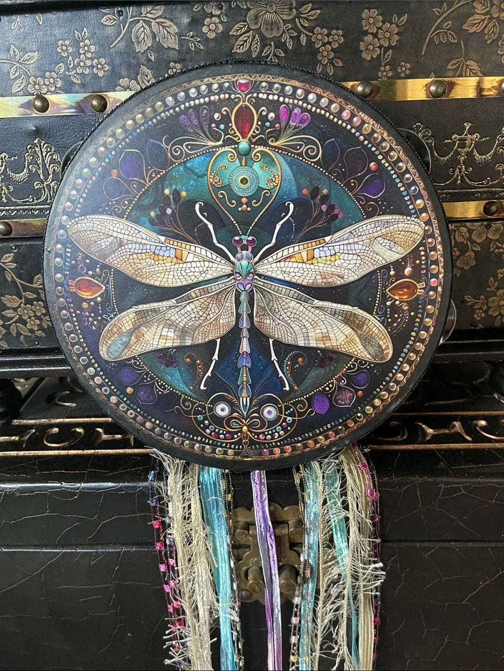 Art Nouveau Dragonfly Tambourine and Ribbon Black Sides 4"