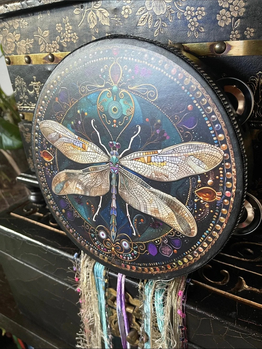 Art Nouveau Dragonfly Tambourine and Ribbon Black Sides 4"
