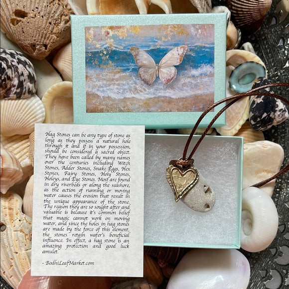 Natural Beach Stone and Artisan Bronze Heart Pendant, Bodhi Jewelry