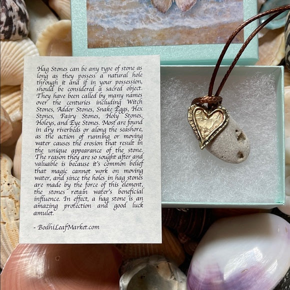 Natural Beach Stone and Artisan Bronze Heart Pendant, Bodhi Jewelry
