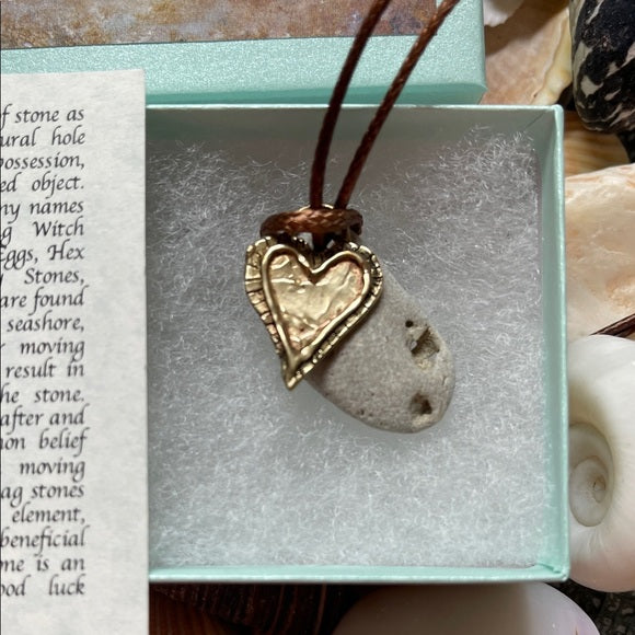 Natural Beach Stone and Artisan Bronze Heart Pendant, Bodhi Jewelry