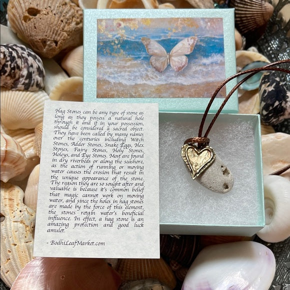 Natural Beach Stone and Artisan Bronze Heart Pendant, Bodhi Jewelry