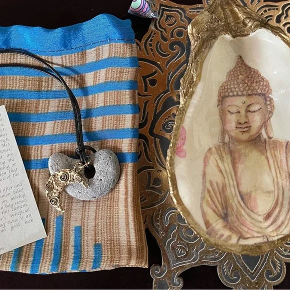 Spirited Bohemian Hag Stone Pendant, Hand Crafted Artisan Bronze Moon Charm, Bodhi Jewelry