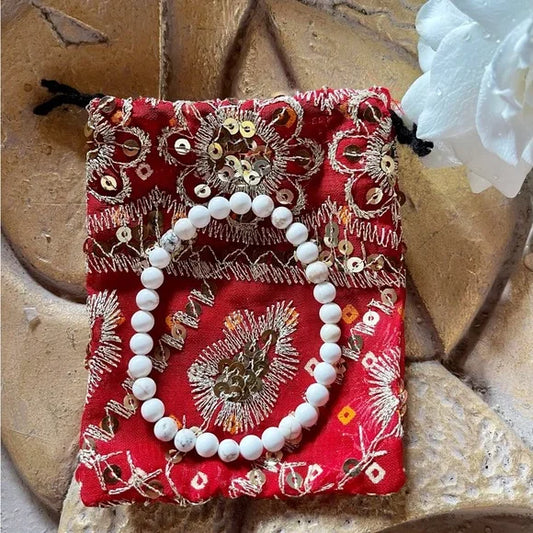 High Quality Hand Beaded Howlite Bracelet and Gift Pouch, Bodhi Jewelry