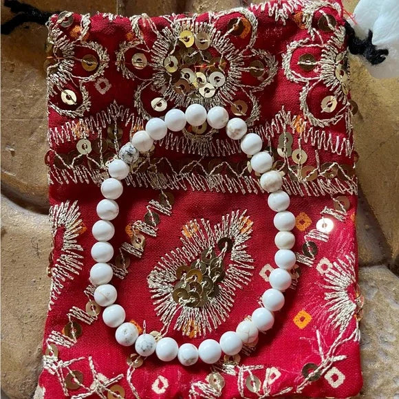 High Quality Hand Beaded Howlite Bracelet and Gift Pouch, Bodhi Jewelry