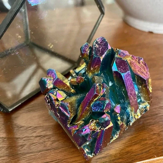 Aqua Aura Rainbow Quartz Cluster with Glass Terrarium, Metaphysical Home Decor