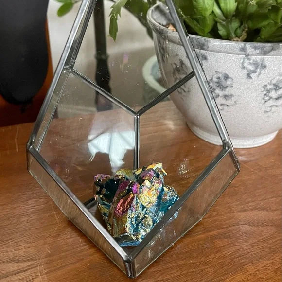 Aqua Aura Rainbow Quartz Cluster with Glass Terrarium, Metaphysical Home Decor