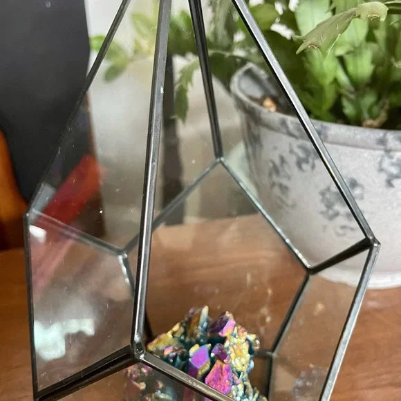 Aqua Aura Rainbow Quartz Cluster with Glass Terrarium, Metaphysical Home Decor