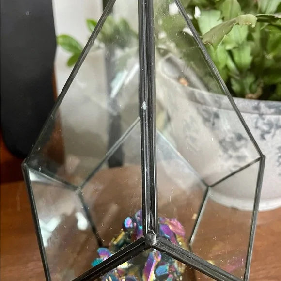 Aqua Aura Rainbow Quartz Cluster with Glass Terrarium, Metaphysical Home Decor