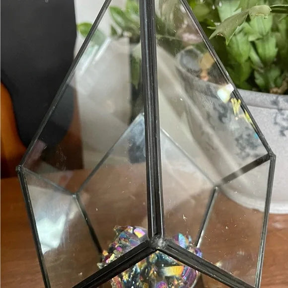 Aqua Aura Rainbow Quartz Cluster with Glass Terrarium, Metaphysical Home Decor