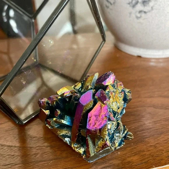 Aqua Aura Rainbow Quartz Cluster with Glass Terrarium, Metaphysical Home Decor