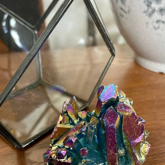 Aqua Aura Rainbow Quartz Cluster with Glass Terrarium, Metaphysical Home Decor