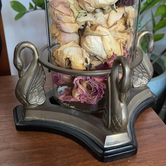 Vintage Metal Swan Vase with Dried Rose Buds, Bodhi Home Decor