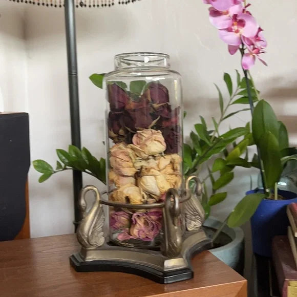 Vintage Metal Swan Vase with Dried Rose Buds, Bodhi Home Decor