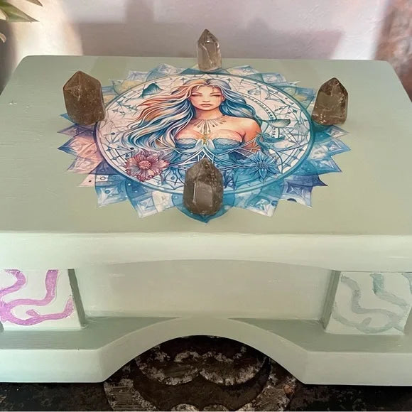 Lovecycled Watercolor Style Vintage Box with Original Artwork and Smoky Quartz, Bodhi Home Decor