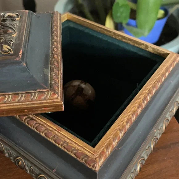 Vintage Ornate Box with Green Velvet Lining and Dragon Stone, Bodhi Vintage
