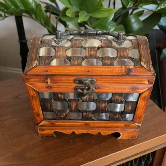 Unique Metal Weave and Wooden Box, Bodhi Vintage