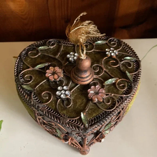 Beautiful Metal Heart Box With Rhinestones and Green Velvet, Bodhi Vintage