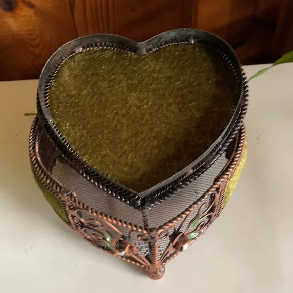 Beautiful Metal Heart Box With Rhinestones and Green Velvet, Bodhi Vintage