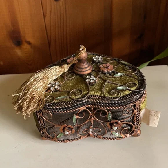 Beautiful Metal Heart Box With Rhinestones and Green Velvet, Bodhi Vintage