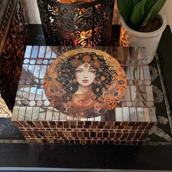 Old World Mystical Goddess Artwork on Tile Box, Bodhi Home Decor