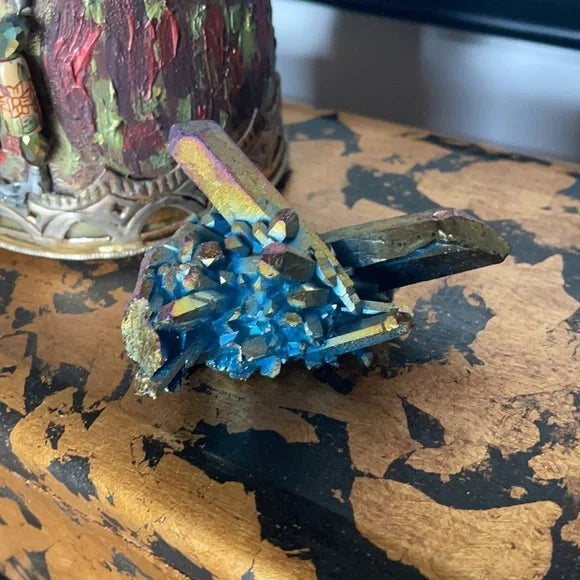 Unique Rainbow Aqua Aura Quartz Crystal Cluster, Crystal Magic