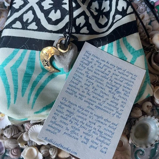 Artisan Moon Charm and Hagstone Pendant, Gift Pouch, Bodhi Jewelry