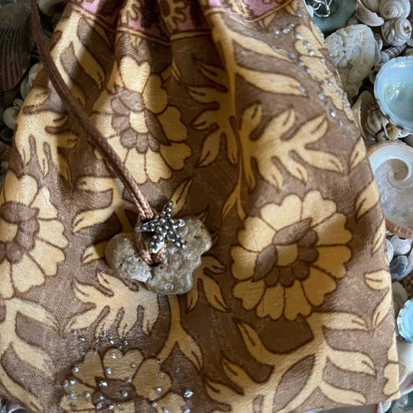 Artisan Bronze Starfish and Hag Stone Pendant, Gift Pouch, Bodhi Jewelry