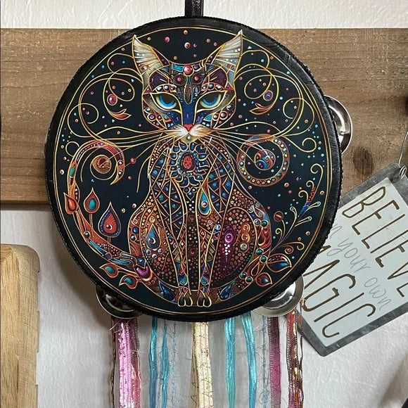 Mystical Colorful Cat Tambourine and Ribbon Wall Accent