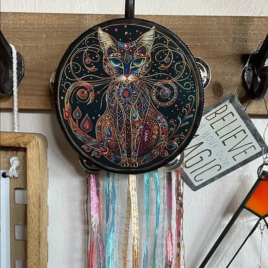 Mystical Colorful Cat Tambourine and Ribbon Wall Accent