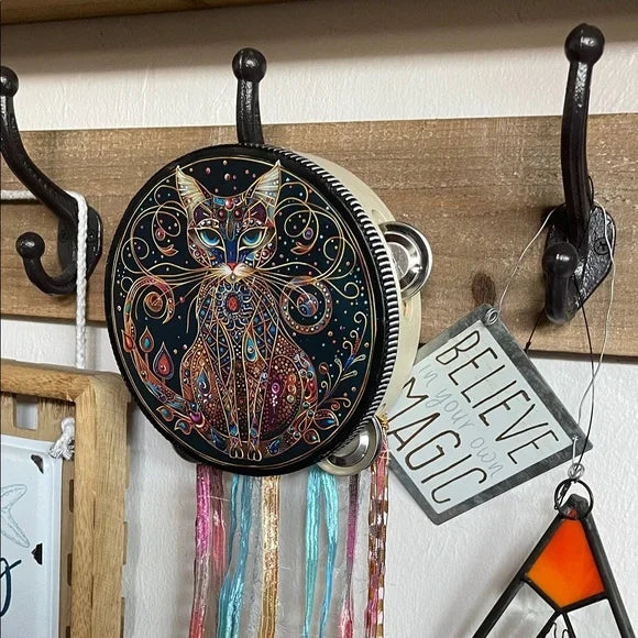 Mystical Colorful Cat Tambourine and Ribbon Wall Accent