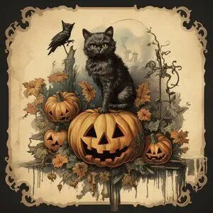 Vintage Style Halloween Frame and Art, Vintage Look Black Frame, Halloween Black Cat