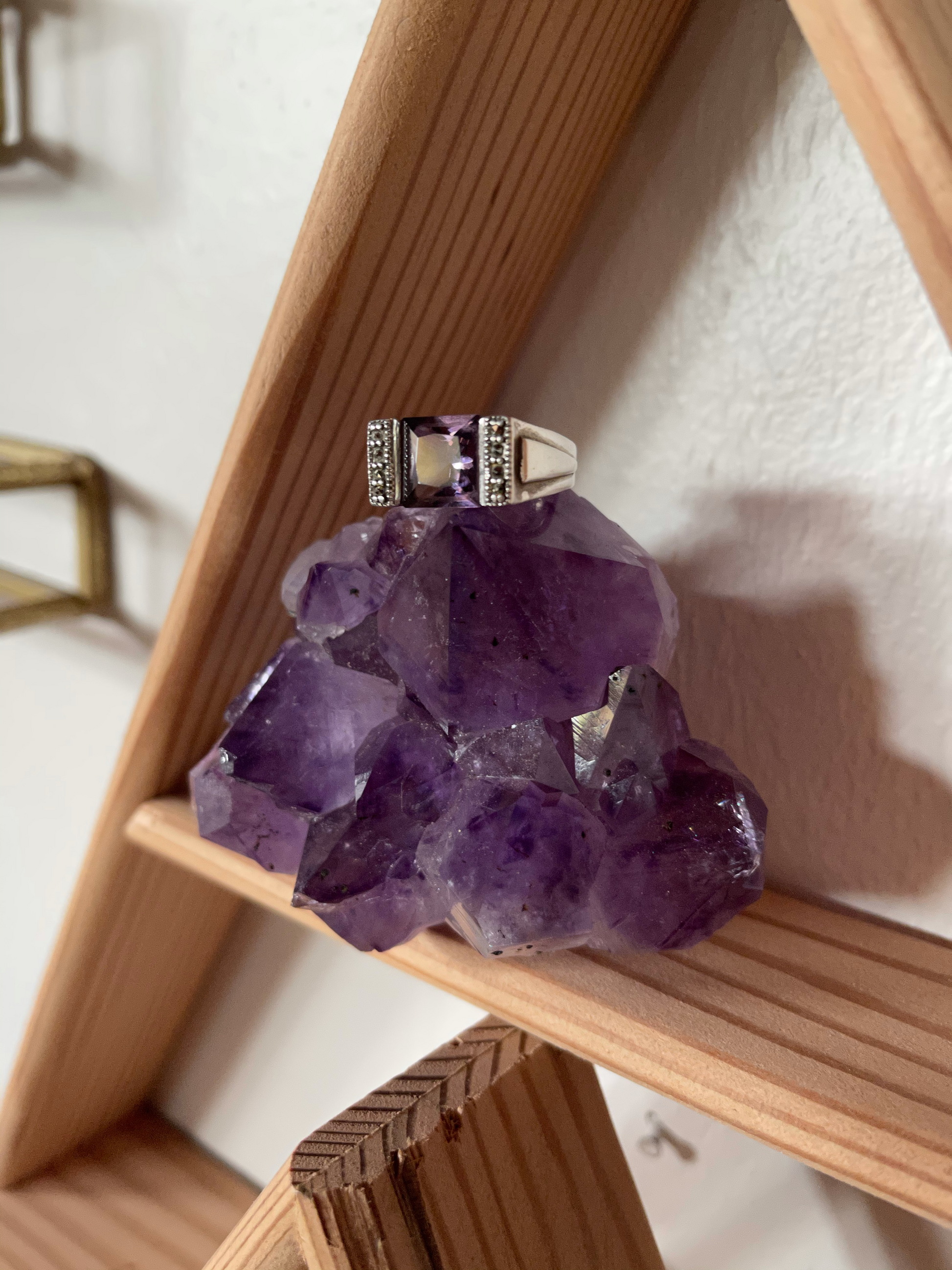 Lovely Lavender Garnet Ring, Size 8, Vintage Lavender Garnet Ring, Princess Cut Garnet Ring with Marcasite, Sterling Silver, Estate Ring