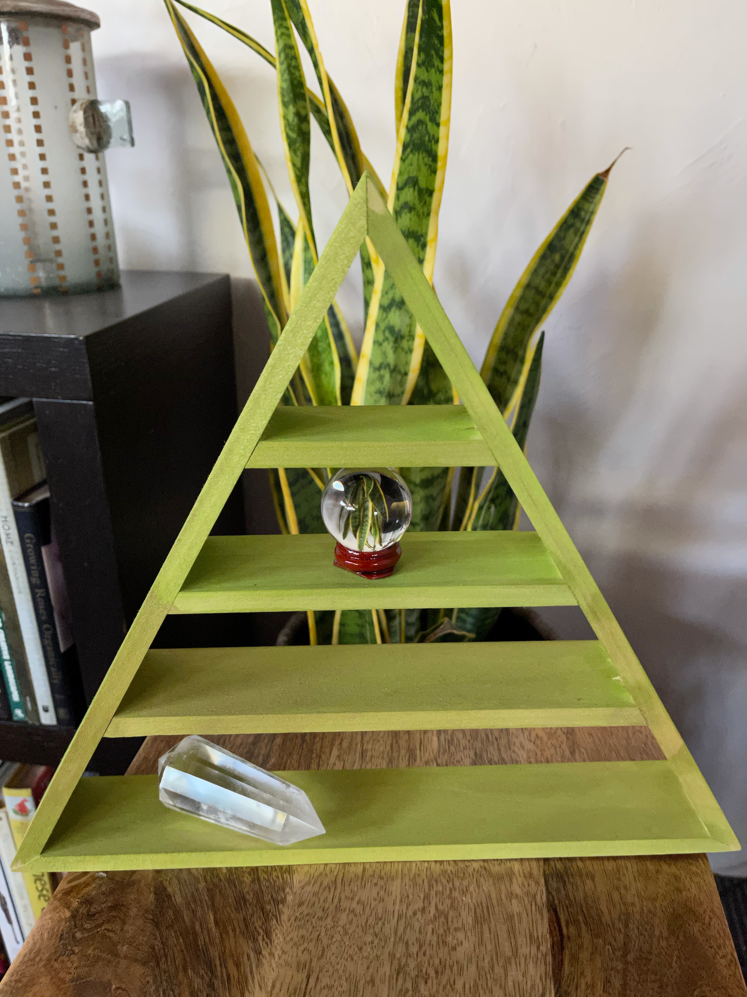 Green Witch Triangle Shelf, Verdi Wash, Hand Crafted Poplar Triangle Shelf, Heavy Triangle Shelf, Lots of Shelves for Crystal Display, Altar