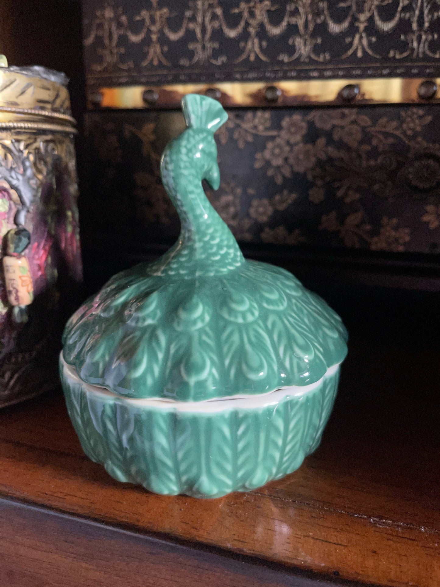 Retired Emerald Green Peacock Trinket Dish, Home Decor