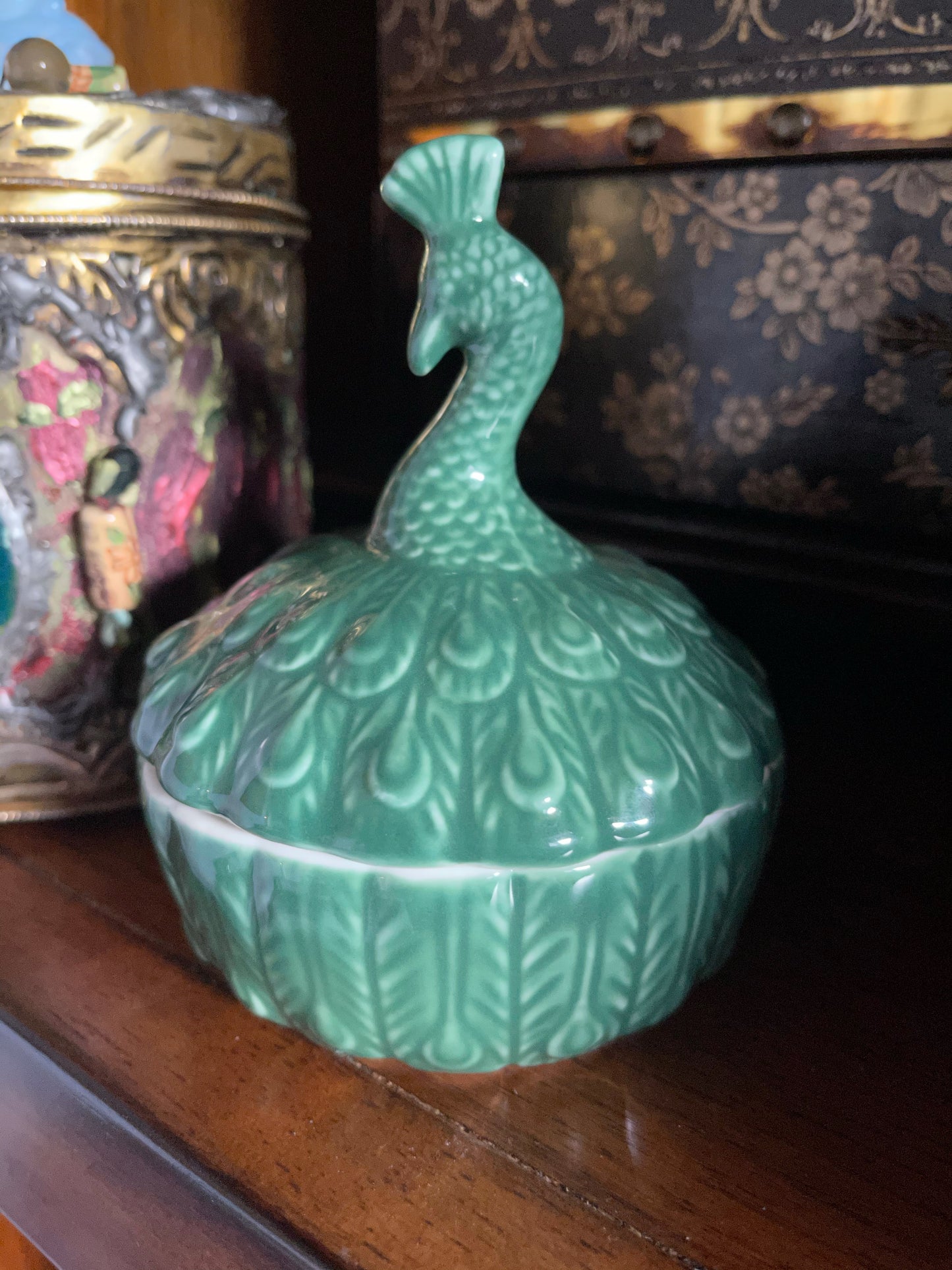 Retired Emerald Green Peacock Trinket Dish, Home Decor