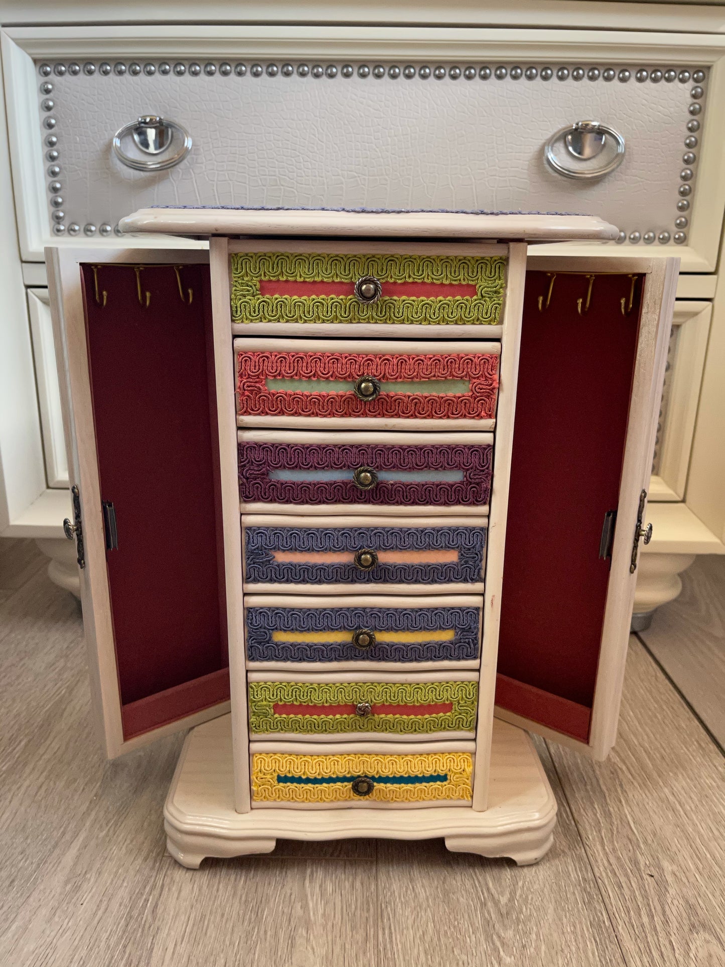 Eclectic Ric Rac Inspired Vintage Jewelry Cabinet, Old World Vintage