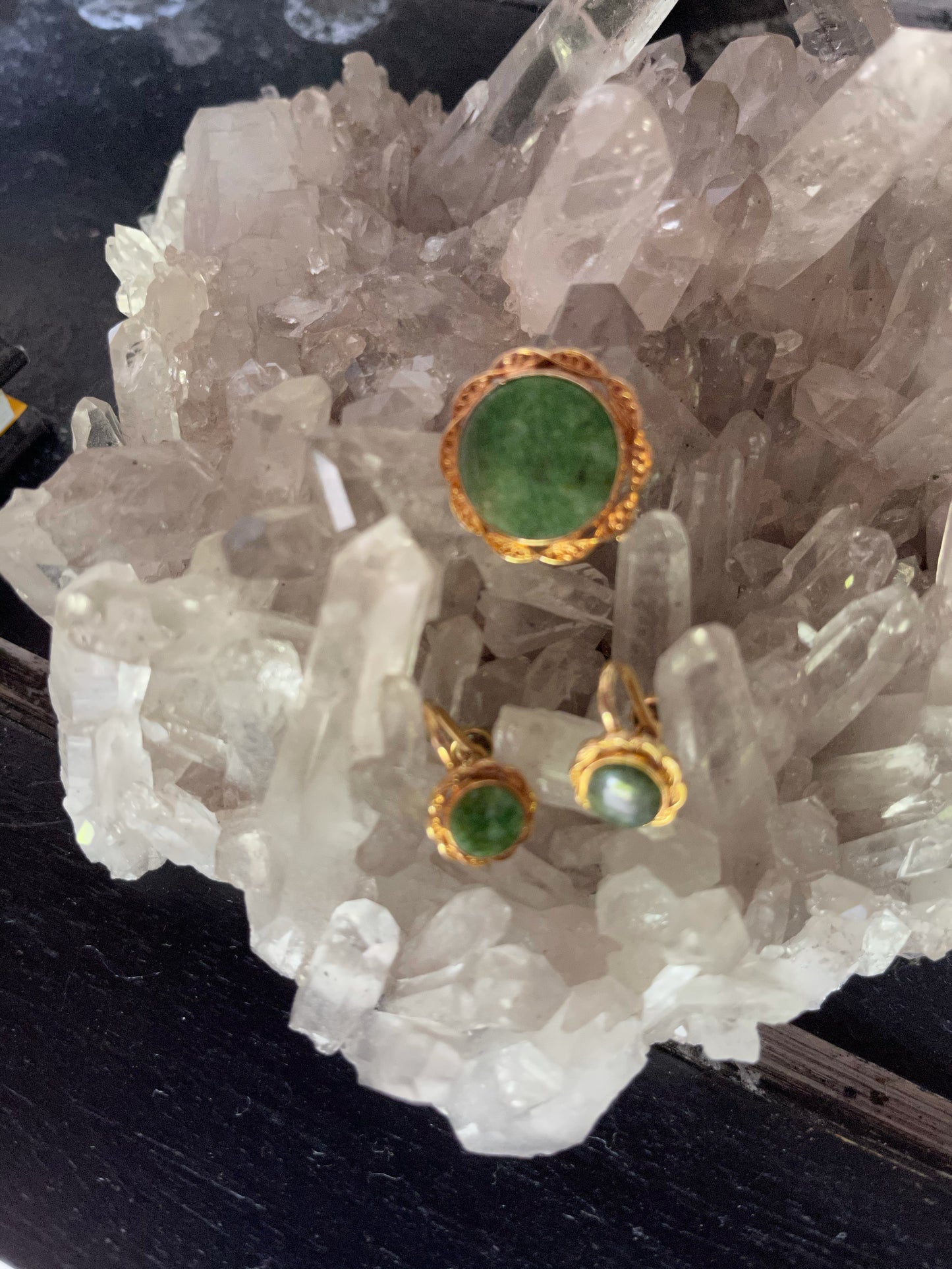 Lovely Round Catamore Jade Brooch, Catamore Jade Screwback Earrings, Bodhi Jewelry