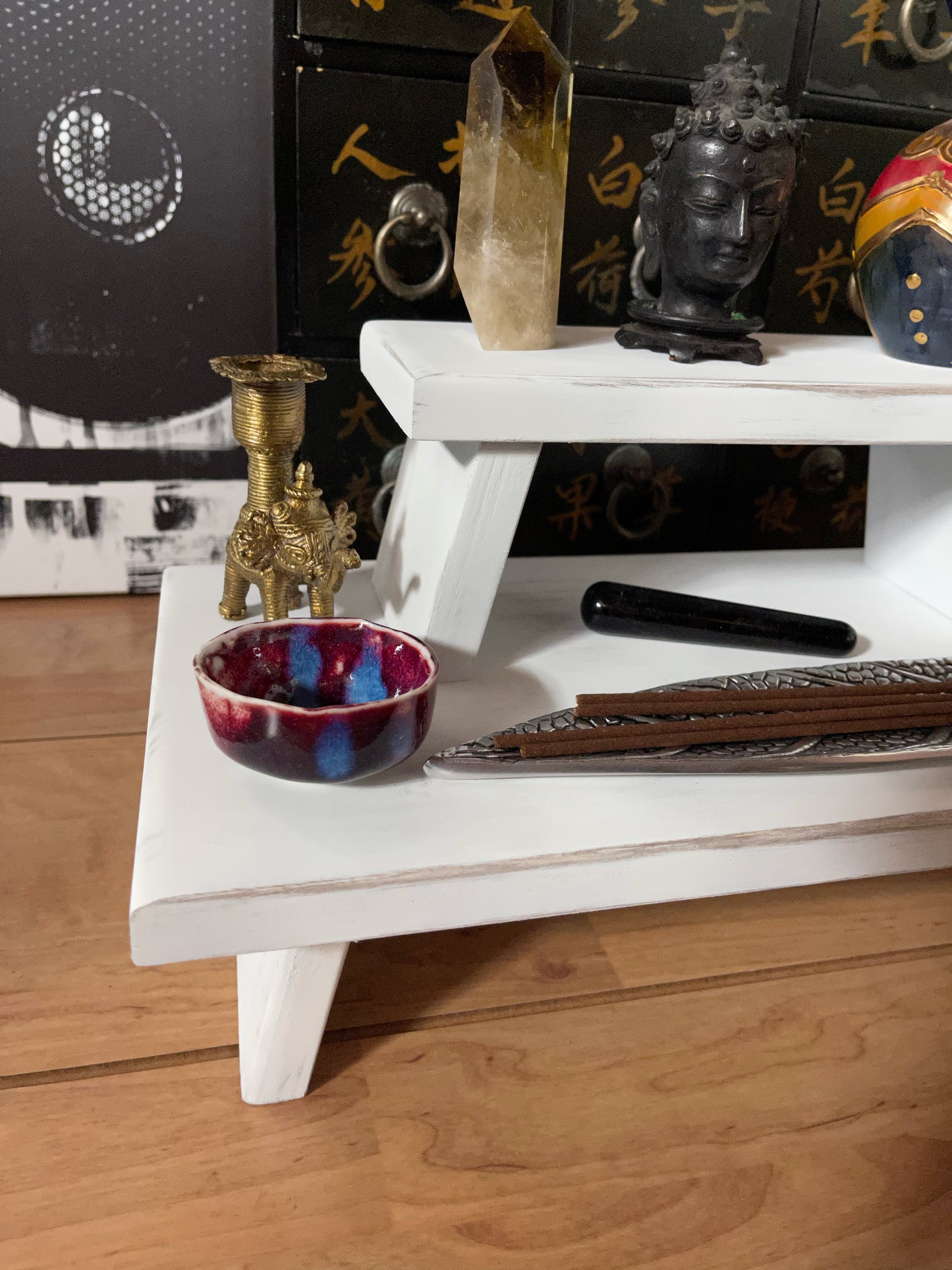 White Distressed with Gold Prosperity Meditation Table Set, Home Decor