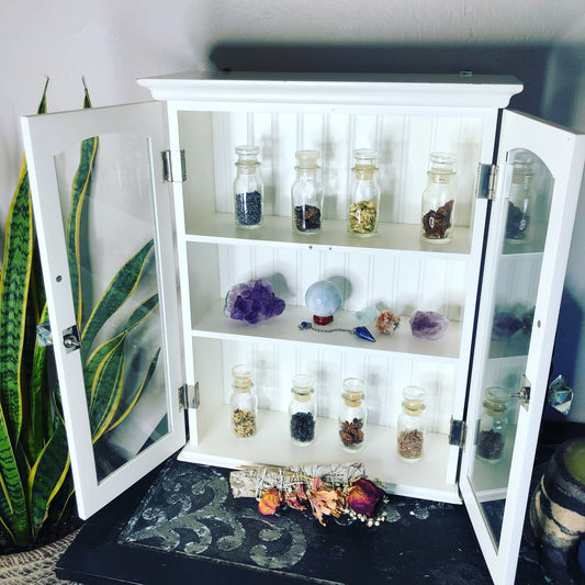 New Listing, Kitchen Witch Cabinet, Vintage Cabinet with Eight Vintage Jars, Large White Cabinet, Magical Decor, Herbs, Gift for Her