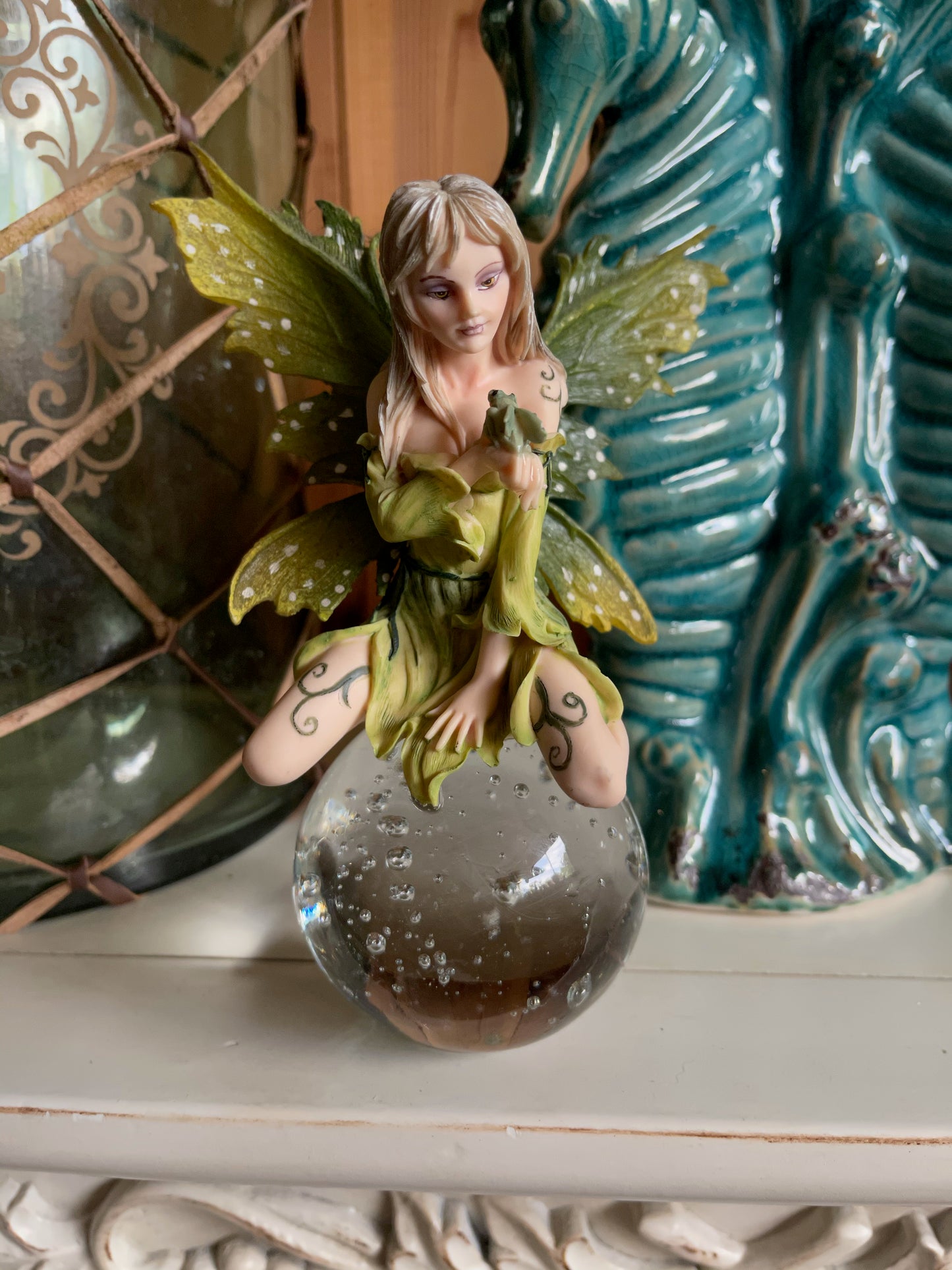 Vintage Fairy Figurine on Clear Ball, Old World Vintage