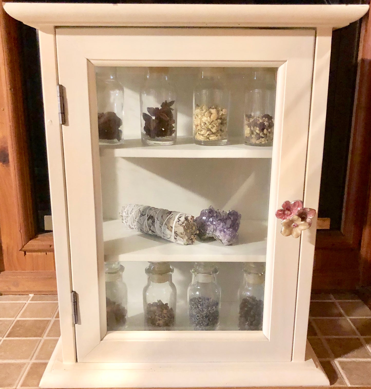 Kitchen Witch Cabinet, Vintage Cabinet with Eight Vintage Jars, Magical Decor, Herbs, Gift. Authentic Vintage Anthropologie Floral Knob