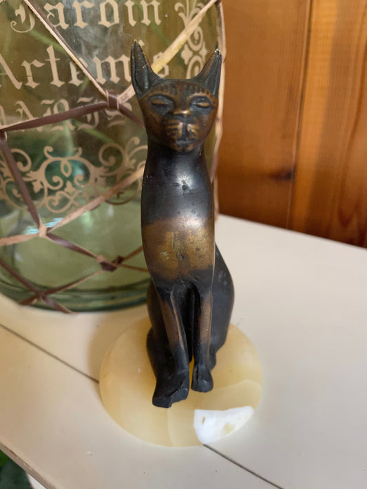 Vintage Cat Figurine, Egyptian Cat Statue on Stone Stand, Old World Vintage